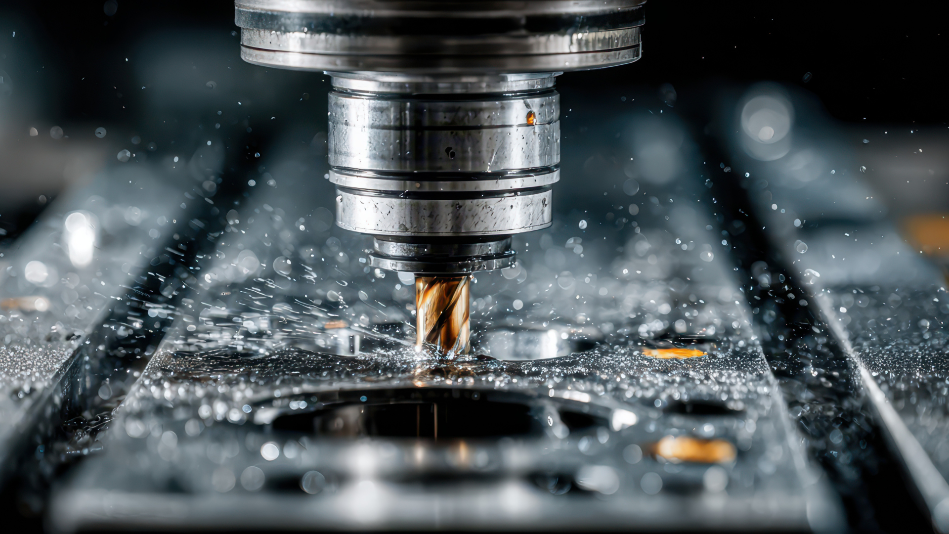 A close-up shot of a CNC milling machine in operation, cutting metal. Sparks and debris are visible.