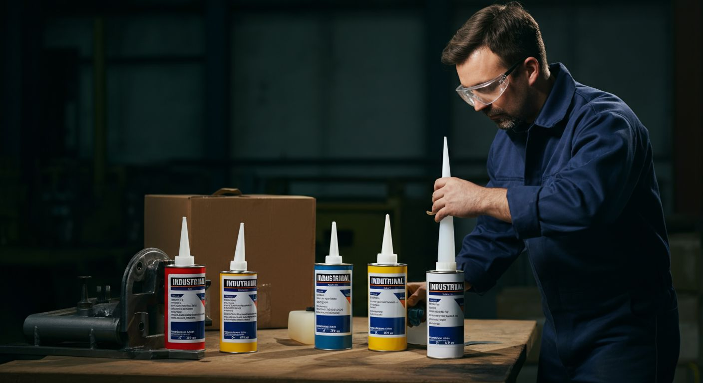 Man in work clothes attaching nozzle to sealant bottle; multiple colors on a table.